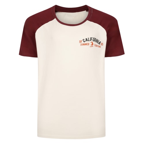 Front view of ecru T-shirt with burgundy raglan sleeves.